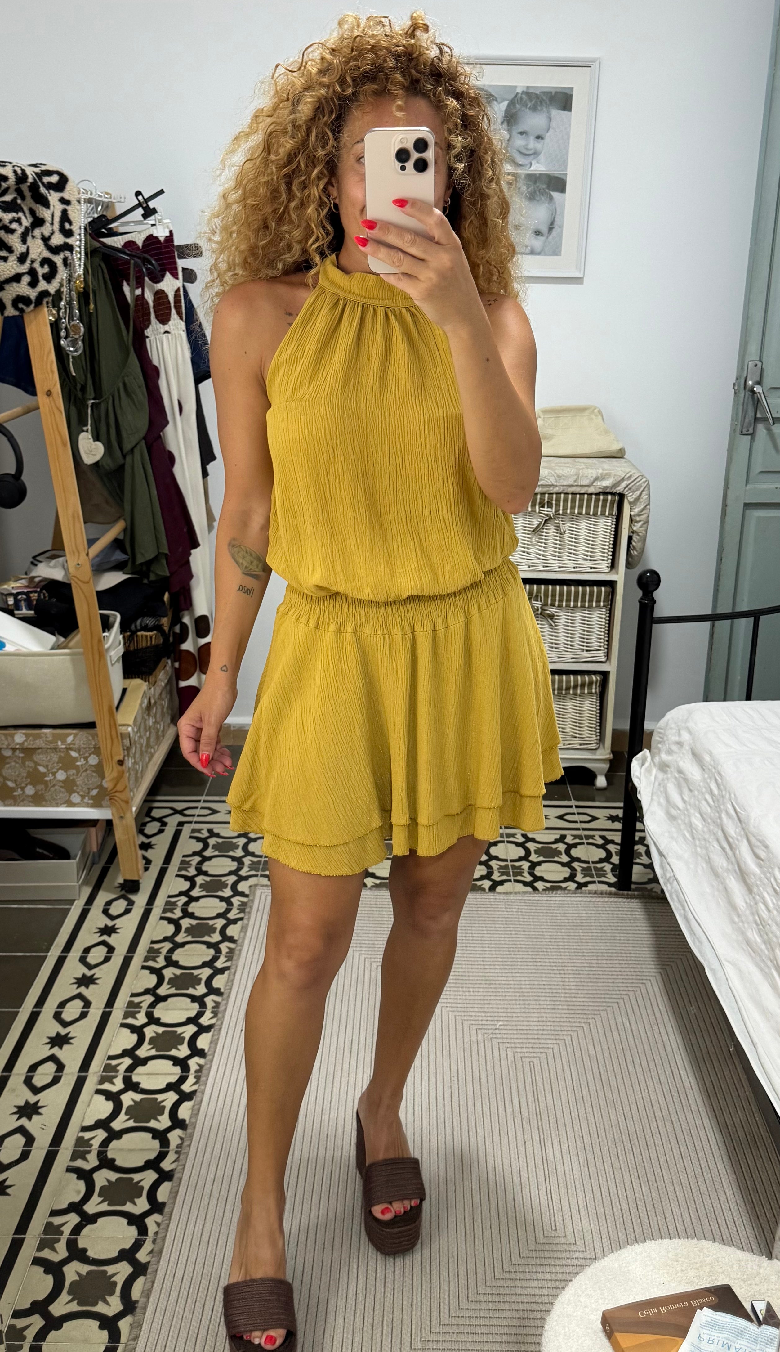 Vestido Gaia — Mostaza, Burdeos y Verde