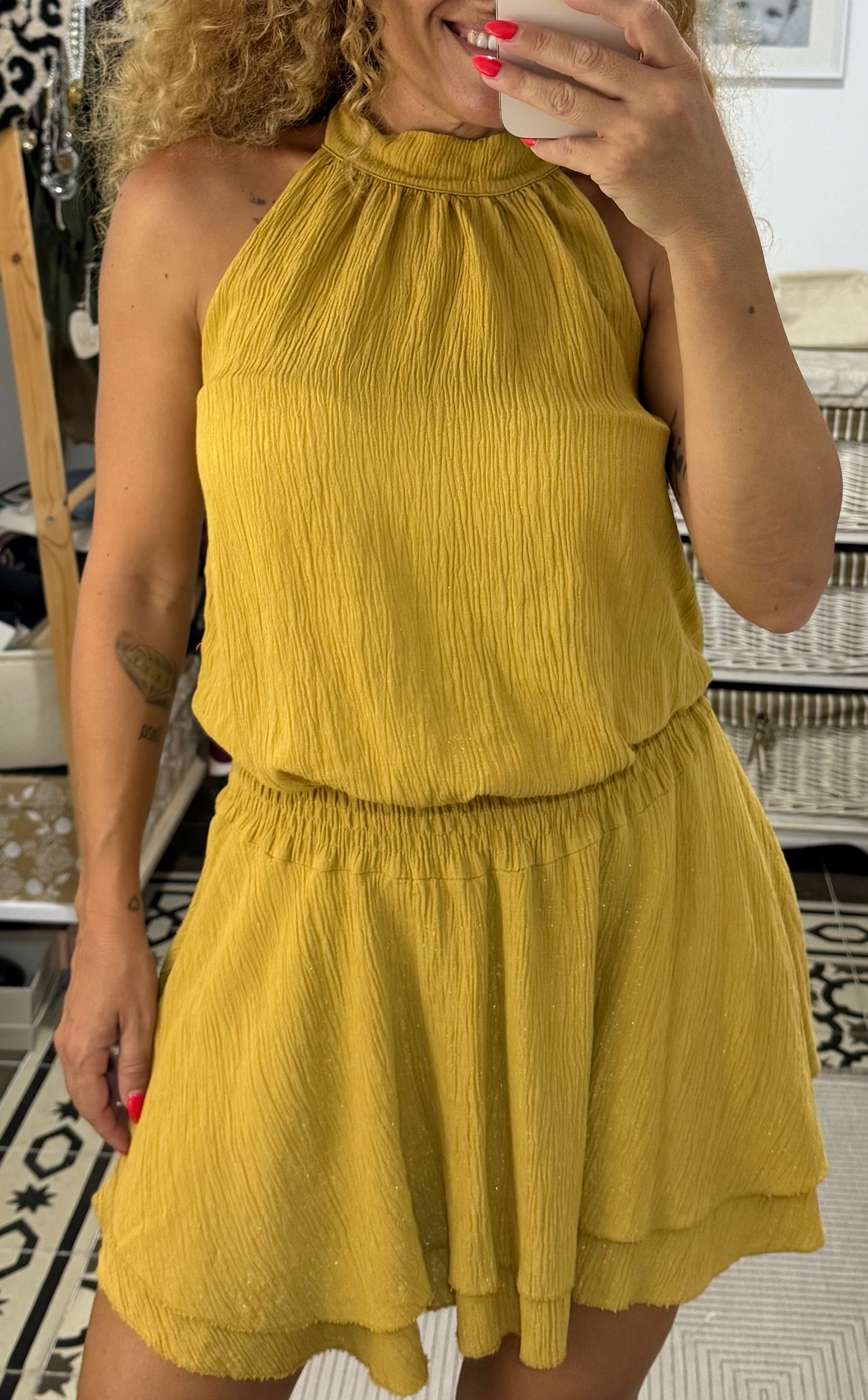 Vestido Gaia — Mostaza, Burdeos y Verde