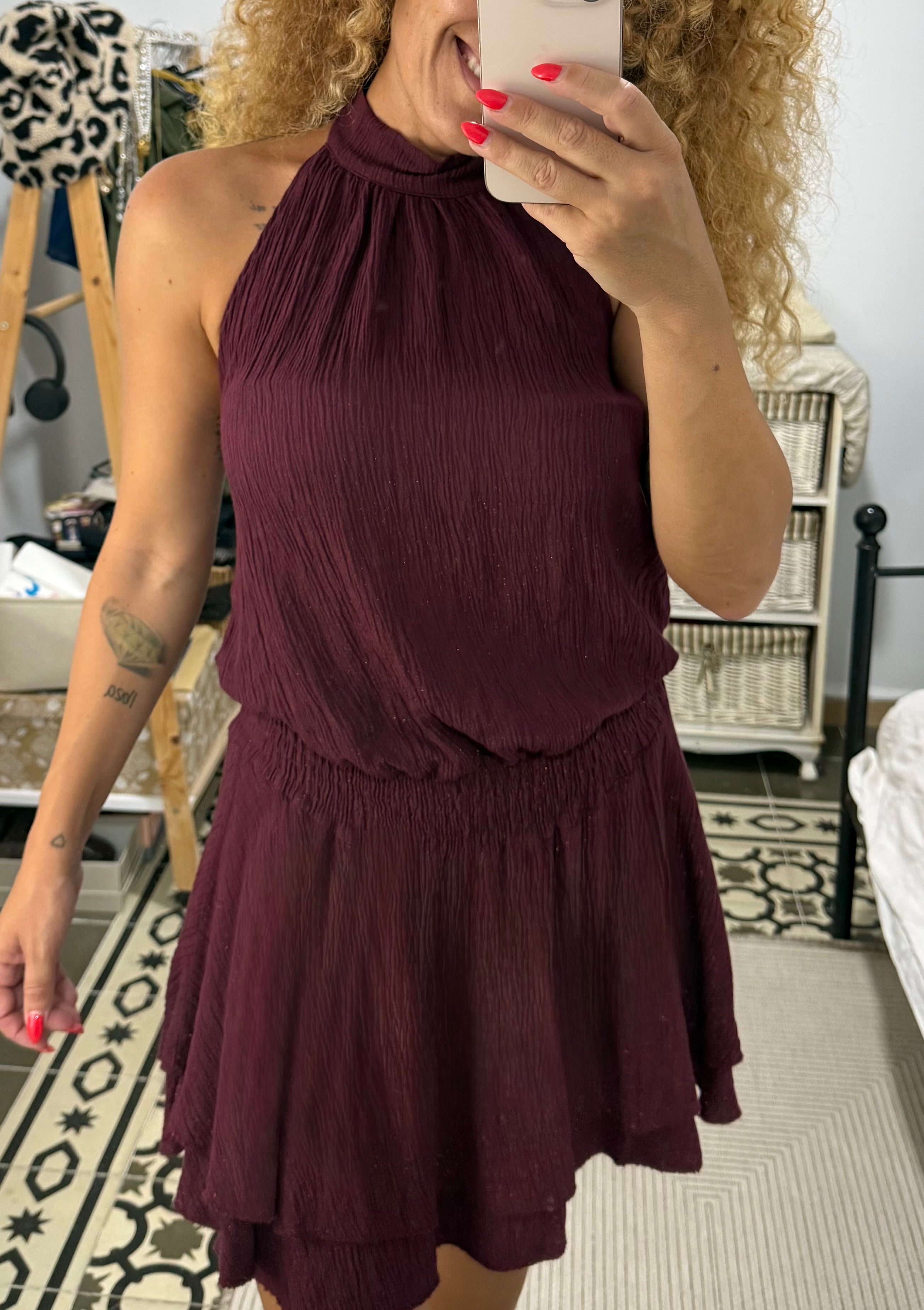 Vestido Gaia — Mostaza, Burdeos y Verde
