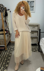 Vestido Isabela Jersey y Tul — Gris y Beige