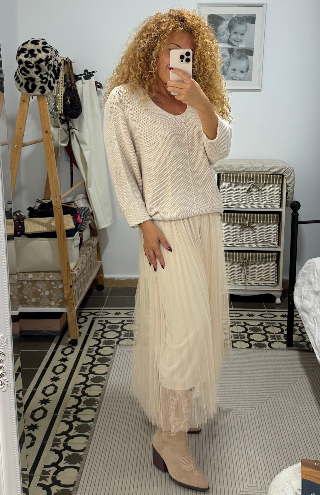 Vestido Isabela Jersey y Tul — Gris y Beige