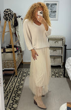 Vestido Isabela Jersey y Tul — Gris y Beige